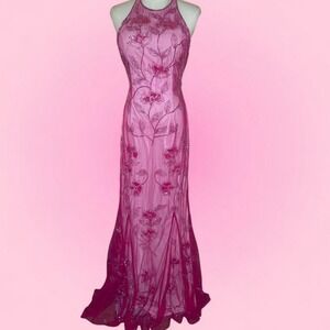 vintage y2k pink beaded floral mesh halter maxi dress fairy prom gown